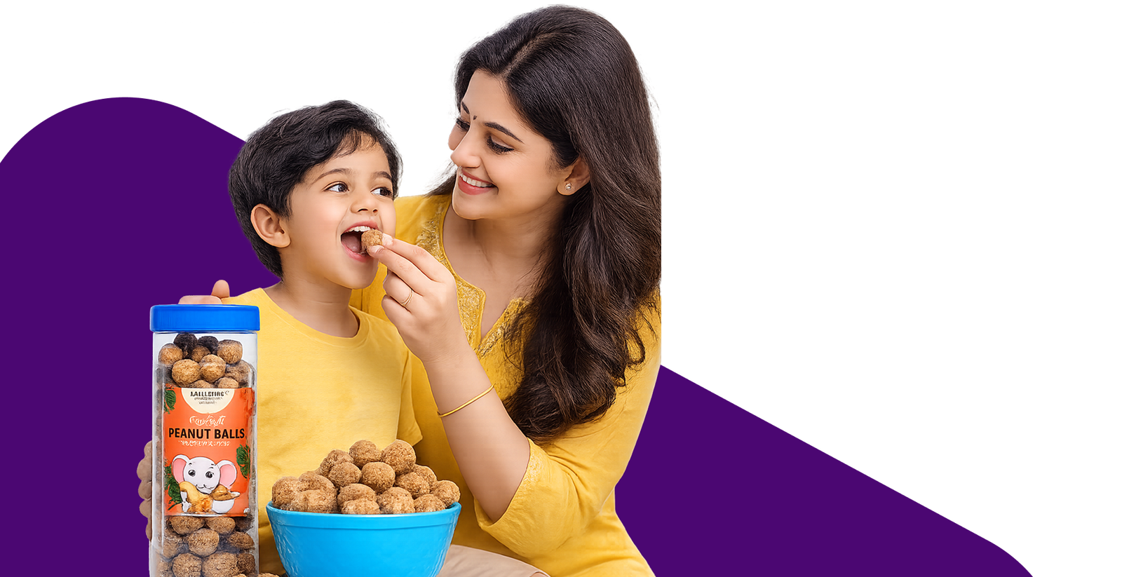Mother feeding child millet peanut balls